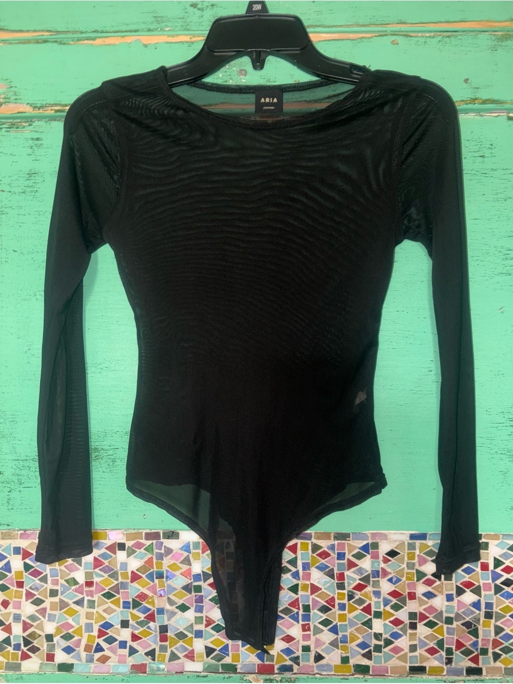 Aria Black Long-Sleeve Sheer Mesh Bodysuit